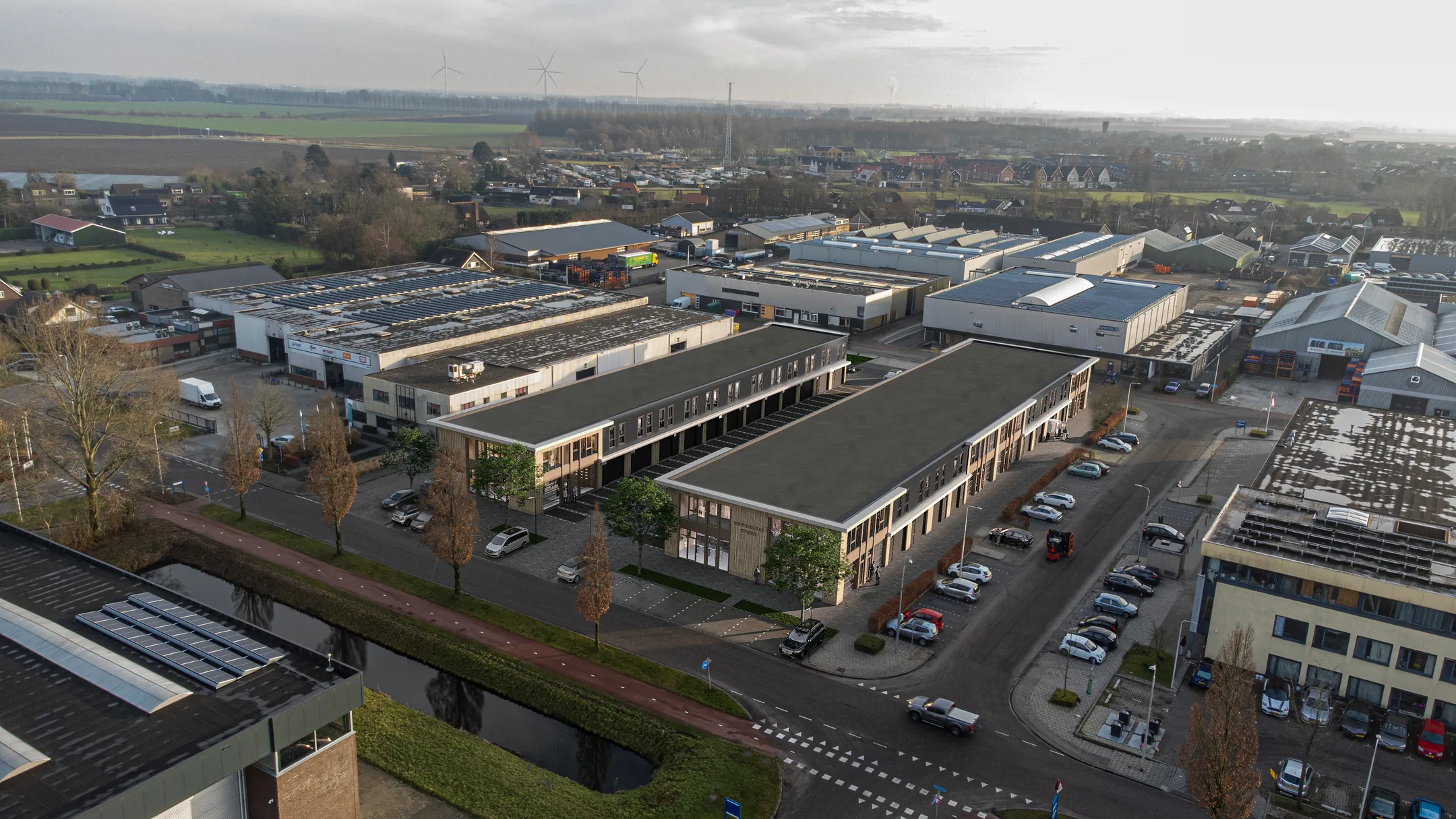 Luchtbeeld van Businesspark Strijen en bedrijventerrein Bonaventura.